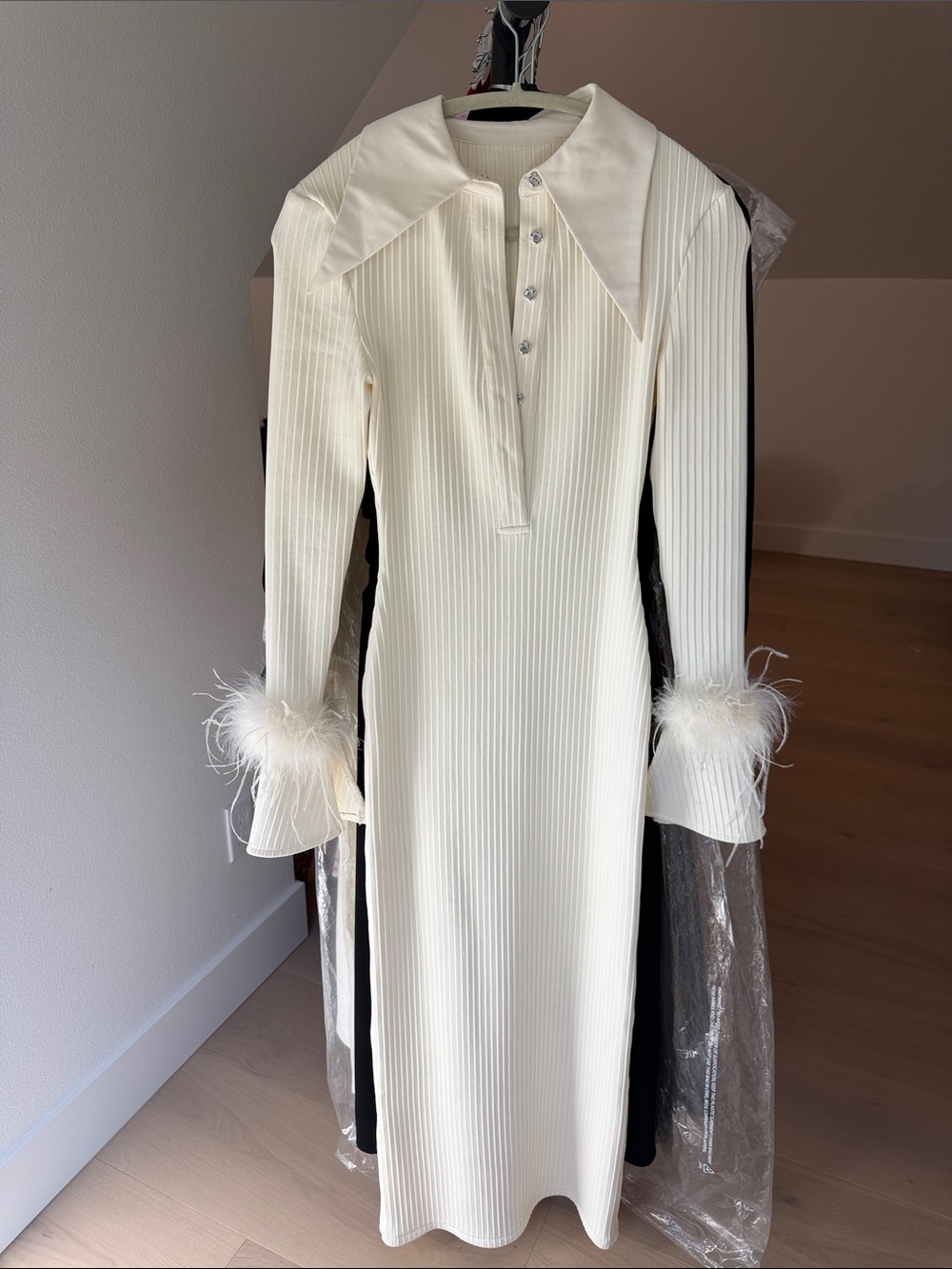 Ivory Ribbed Long-Sleeve Dress with Feather Cuffs